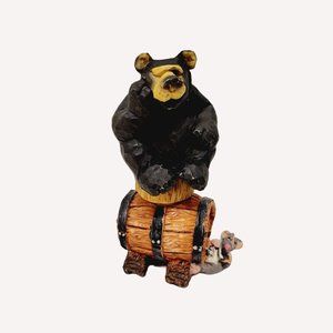 VTG Carved WetherBee Wood Country Black Bear Wine Stopper on Top of Wine Barrel